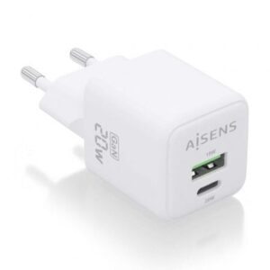 Cargador de Pared GaN Aisens ASCH-20W2P010-W/ 1xUSB Tipo-C/ 1xUSB/ 20W