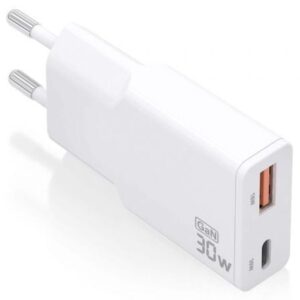 Cargador de Pared GaN Aisens ASCH-30W2P046-W/ 1xUSB Tipo-C/ 1xUSB/ 30W/ Blanco