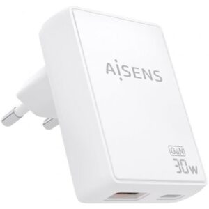 Cargador de Pared GaN Aisens ASCH-30W2P074-W/ 1xUSB Tipo-C/ 1xUSB/ 30W/ Blanco