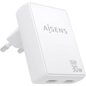 Cargador de Pared GaN Aisens ASCH-30W2P075-W/ 2xUSB Tipo-C/ 30W/ Blanco