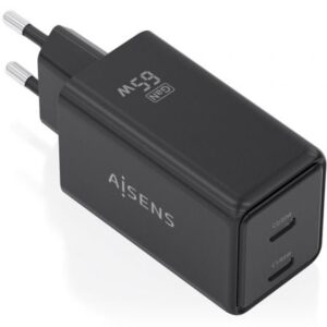 Cargador de Pared GaN Aisens ASCH-65W2P079-BK/ 2xUSB Tipo-C/ 65W/ Negro